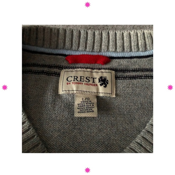 MEN'S GRAY SWEATER WITH NAVY BLUE THIN STRIPES BY TOMMY HILFIGER LARGE - Picture 5 of 9